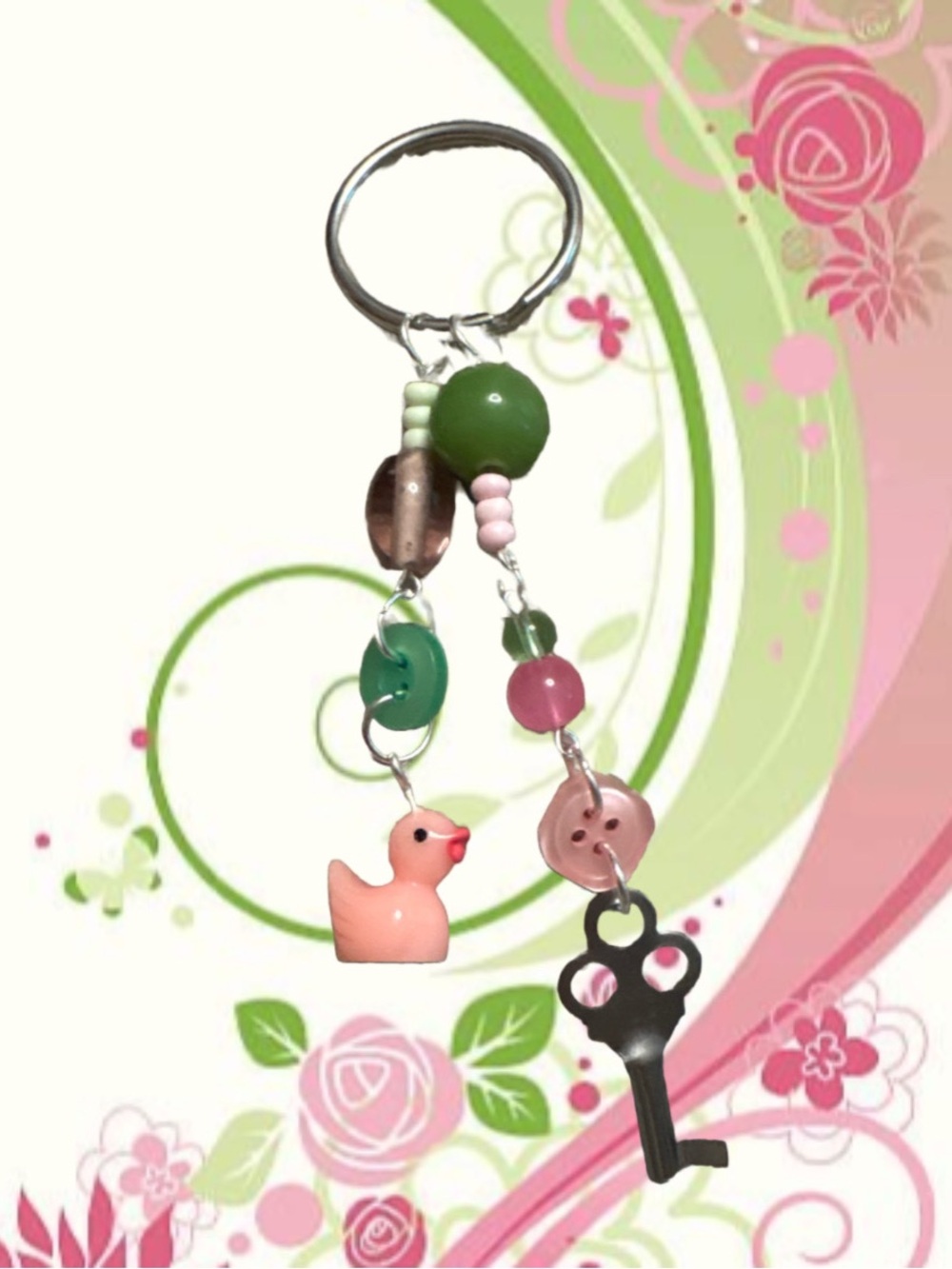 Pink & Green Beaded Duck Keychain Charm